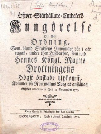 Tryckt kungörelse från Stockholms överståthållare 1778