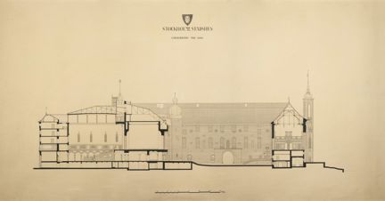 Ritning i stort format av stadshuset, längdsektion mot norr, i tusch på gulnat papper