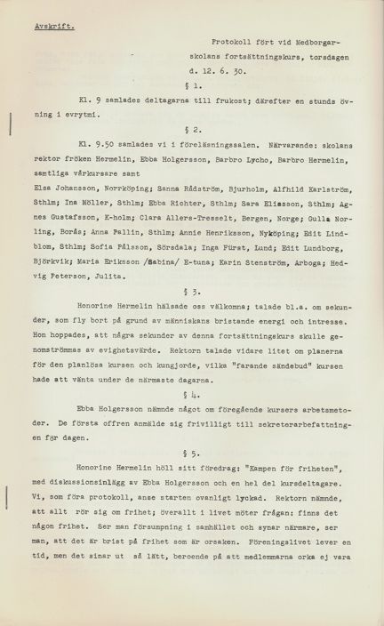 En fortsättningskurs på Kvinnliga medborgarskolan vid Fogelstad 1930