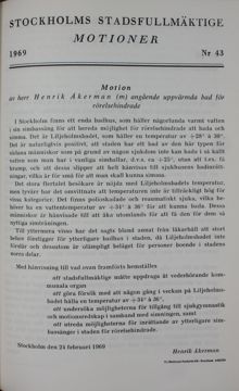 Motion angående uppvärmda bad för rörelsehindrade - Henrik Åkerman (m), Stadsfullmäktige 1969