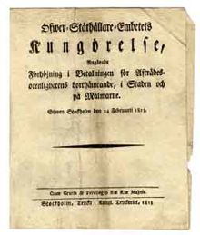 Öfwer-Ståthållare-Embetets Kungörelse, Angående Förhöjning i Betalningen för Afträdesorenlighetens borthämtande, i Staden och Malmarne. Gifwen Stockholm den 24 Februarii 1813.