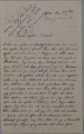 Brev från patienten Märta till syster Gertrud Sahlin, 1940