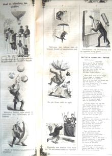Hvad en luftballong kan medföra. Bildskämt om luftballonguppstigning i samband med Stockholmsutställningen 1866 i Söndags-Nisse – Illustreradt Veckoblad för Skämt, Humor och Satir, nr 32, den 5 augusti 1866