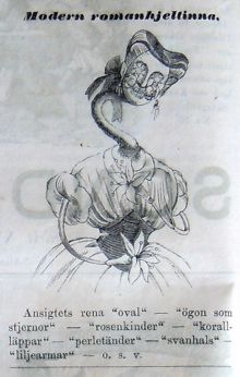 Modern romanhjeltinna. Bildskämt i Söndags-Nisse – Illustreradt Veckoblad för Skämt, Humor och Satir, nr 22, den 3 juni 1866