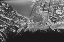Flygbild från öster över delar av Södermalm, Slussen och Gamla Stan