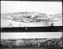 Vinterbild av Gäddvikens superfosfatfabrik i Nacka samt utsiktsbild över Stockholm från söder