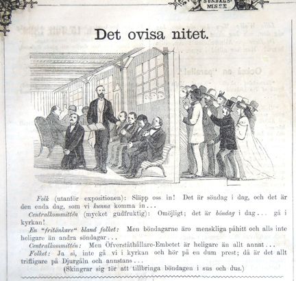 Det ovisa nitet. Bildskämt om Stockholmsutställningen 1866 i Söndags-Nisse – Illustreradt Veckoblad för Skämt, Humor och Satir, nr 28, den 8 juli 1866