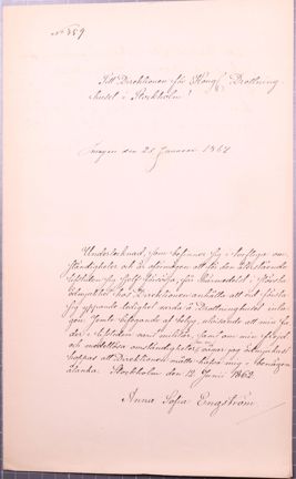 Handskriven ansökan om intagning i Drottninghuset för fattiga äldre kvinnor