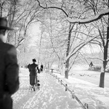 Promenad längs Djurgårdskanalen (Diplomatstaden). Anne-Marie af Petersens går med barnvagnen