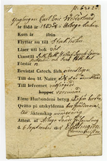 Ynglingen Carl Eric Vesterlunds prästbetyg från 1818