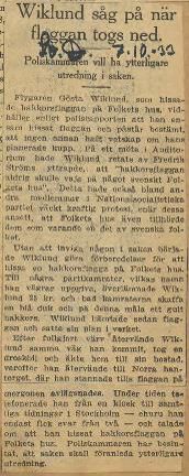 Artikel om vad som hände när hakkorsflaggan hissades på Stockholms Folkets hus, ur Svenska Dagbladet den 7 oktober 1933.