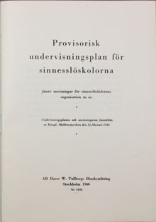 Sinnesslöskolornas undervisningsplan för barn med psykisk funktionsnedsättningen 1946