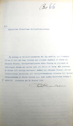 Brev till fattigvårdsnämnden från Jakob -och Johannes fattigvårdsstyrelse
