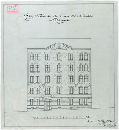 Ritning av fasad i tusch på transparant väv