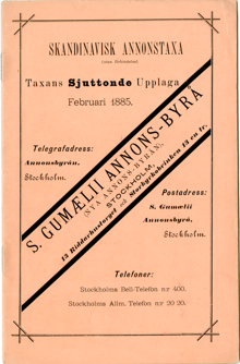 Skandinavisk Annonstaxa från S. Gumaeli Annons-byrå februari 1885