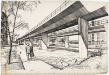 Perspektiv av viadukt i Farsta 1959