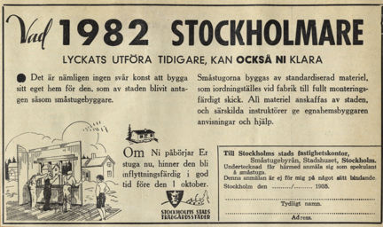 Utklippt tidningsannons med text och tecknad bild av tre män som reser en husvägg och en pojke som tittar på.