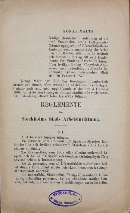 Stockholms stads arbetsinrättning – reglemente 1873 