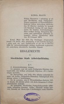 Stockholms stads arbetsinrättning – reglemente 1873