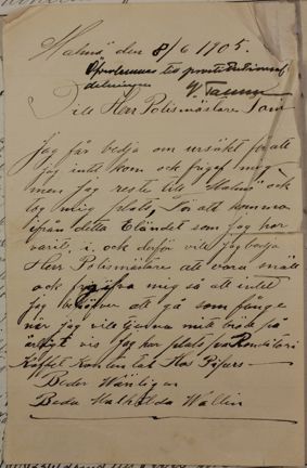 Beda Mathilda Carlsson Wallin vill bli utskriven från Besiktningsbyrån 1905