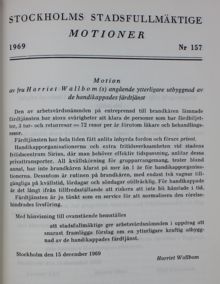 Motion angående utbyggnad av de handikappades färdtjänst - Stadsfullmäktige 1969