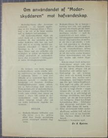 Om användandet af "Moderskyddaren" mot hafvandeskap - flygblad 1908