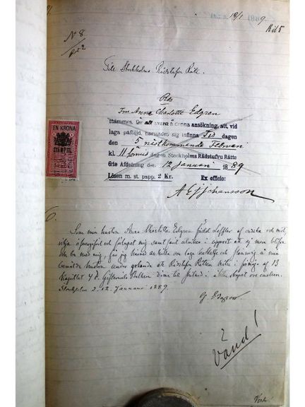 Gustaf Edgren stämningsansökan gentemot hustrun Anne Charlotte Leffler 1889