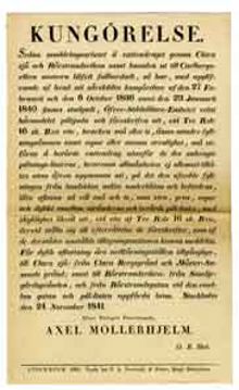 Kungörelse. Sedan muddringsarbetet å vattendraget genom Clara sjö och Rörstrandsviken samt kanalen ut till Carlbergsviken numera blifvit fullbordadt...Stockholm den 24 november 1841.