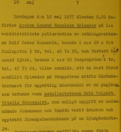 Polisrapport om slagsmål på Djurgårdsfärjan 1937
