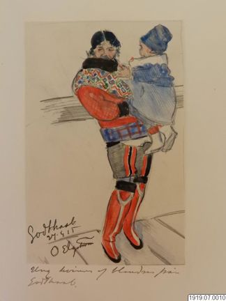 Färglagd teckning av en ung kvinna i traditionell grönländsk dräkt. Hon har ett barn i famnen, som bär europeiska kläder.