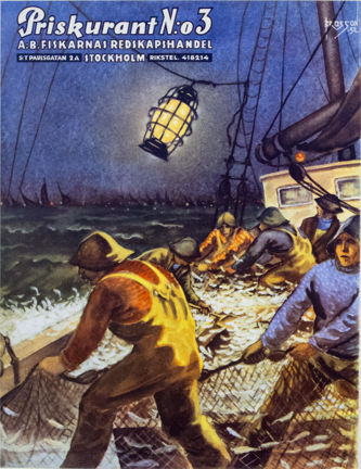 Omslag tryckt i flera färger föreställande personer som drar upp fiskenät ur livligt vatten.