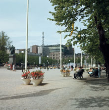 Kungsträdgården, planteringar och folkliv. Vy från parkens sydöstra del åt nordväst. I fonden Sverigehuset och Nordiska Kompaniet
