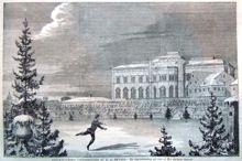 Stockholmska vinterbilder af K. A. Ekvall: En representation på isen af M:r Jackson Haines. Teckning i Ny Illustrerad Tidning, nr 4 den 26 januari 1867