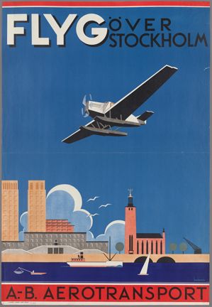 En affisch som föreställer ett flygplan som åker över, eller snarare i närheten av Stockholms stadshus. Kostnären heter Anders Beckman.