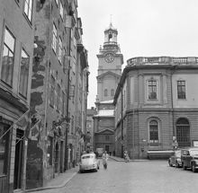 Trångsund/Stortorget. Vy mot Storkyrkan/Börshuset