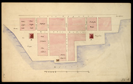Färglagd planritning över Mälartorget från 1841.