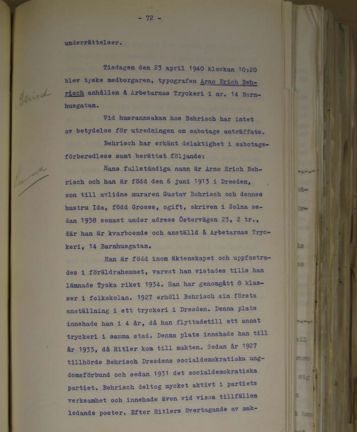 Förhör med Arno Erich Behrisch våren 1940.