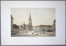 Grafiskt blad. Carl Johan Billmark. Riddarholmskyrkan och Riddarhustorget