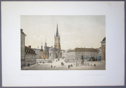 Grafiskt blad tryckt i en eller två tonfärger utöver svart föreställande Riddarholmskyrkan och Riddarhustorget.