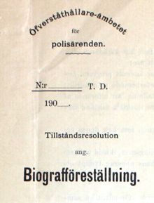 Ansökningsblankett för tillstånd att driva biograf 1908