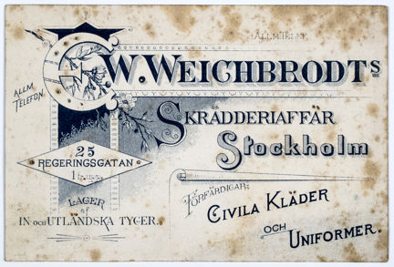 Reklamkort tryckt i svart med blomma och text.