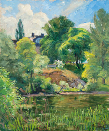 Denna oljemålning av prins Eugen från 1943 skildrar en landskapsvy över Ryssviken mot Waldemarsudde en vacker sommardag.