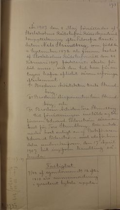 Bouppteckning med bifogat testamente efter vetenskapsmannen och fotografen Nils Strindberg