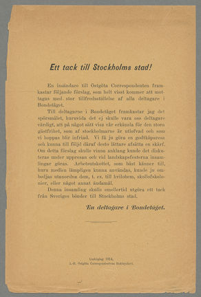 Bondetågets arrangörer funderar på bästa sättet att tacka Stockholms stad och stockholmarna för visad gästfrihet i samband med Bondetåget 1914.