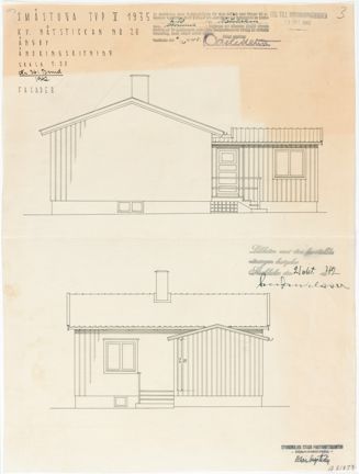 Fasadritning med tillbyggnad av småstuga i tusch på transparent grå väv