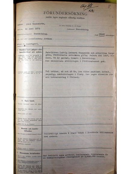 Förundersökning om Siri Thunströms "karaktär" 1919