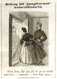 Bidrag till ”jungfruarnas” naturalhistoria. Bildskämt i Söndags-Nisse – Illustreradt Veckoblad för Skämt, Humor och Satir, nr 9, den 4 mars 1866