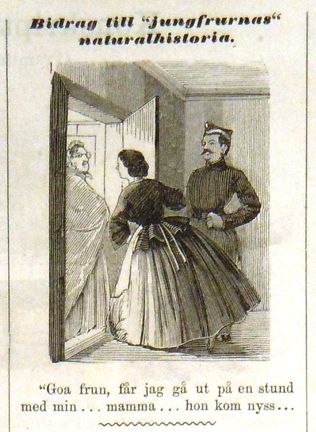 Bidrag till ”jungfruarnas” naturalhistoria. Bildskämt i Söndags-Nisse – Illustreradt Veckoblad för Skämt, Humor och Satir, nr 9, den 4 mars 1866
