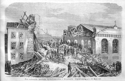 Den nedrasade katolska kyrkobyggnaden i Stockholm. Litografi i Illustrerad Tidning, nr 22 den 2 juni 1866.