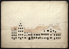 Ritning av Gamla rådhuset vid Stortorget, 1720-tal